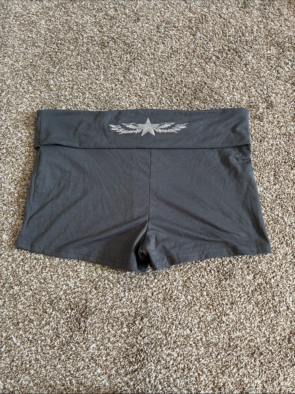 Women’s Black Fold-Over Waist Athletic Shorts with Embellished Star